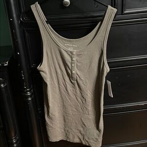American Eagle Outfitters Olive Ribbed Henley Button Tank Top